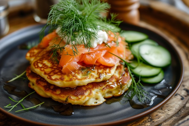 Foto pfannkuchen mit gesalzenem lachs, gurkengrün und quark aus der nähe