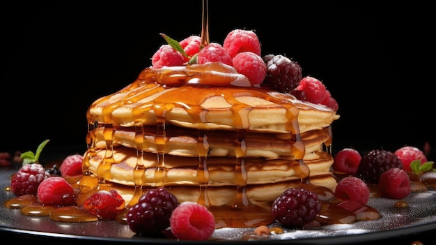 Pfannkuchen mit geschmolzenem süßem Sirup mit Fruchtstücken auf dem Tisch mit verschwommenem Hintergrund