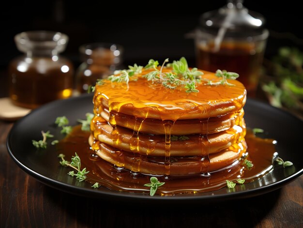 Pfannkuchen mit Honig in einem Teller auf einem verschwommenen Hintergrund