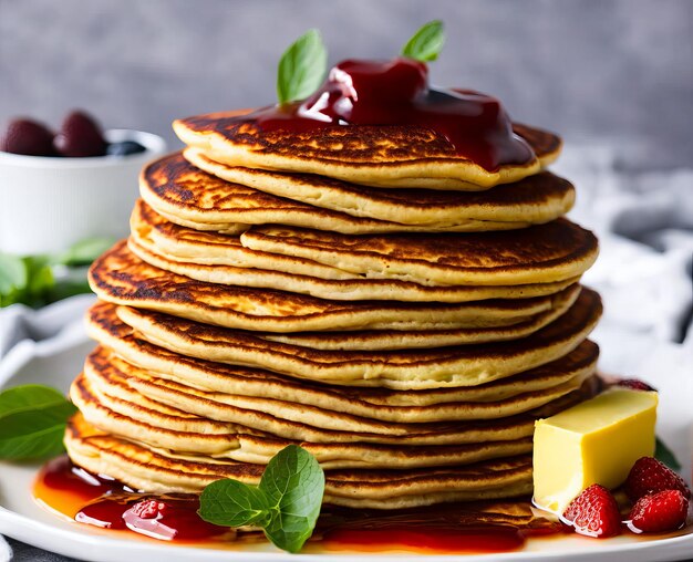 Pfannkuchen mit Honig und Tee auf einer Draufsicht der weißen Platte