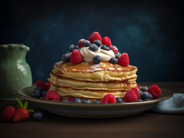 Pfannkuchen mit Schlagsahne und Blaubeeren auf einem Teller