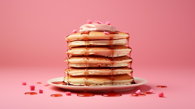 Pfannkuchen mit Sirup auf einem Teller auf einem rosa Hintergrund generative KI