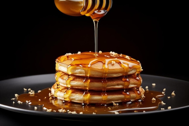 Pfannkuchen mit Sirup auf einem Teller ergießen.