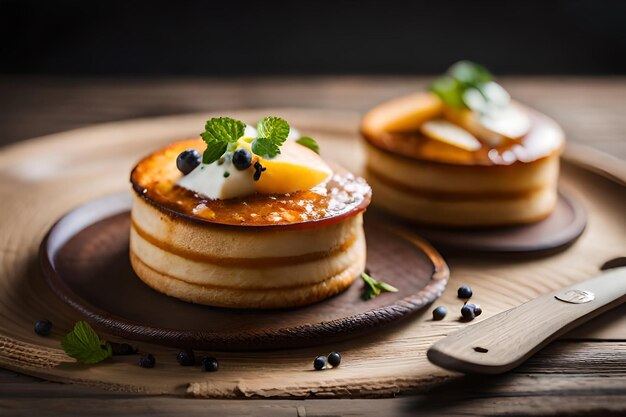 Pfannkuchen mit Sirup und Beeren auf einem Holzteller