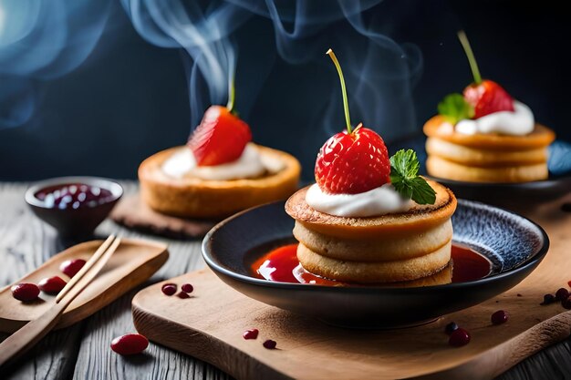 Pfannkuchen mit Sirup und Beeren auf einem Holztisch