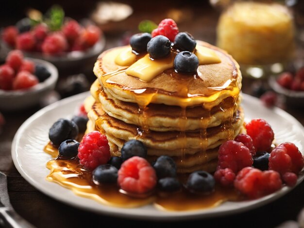 Pfannkuchen mit Sirup und Beeren auf einem Teller mit einer Tasse Sirup und Berries.