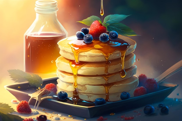 Pfannkuchen mit Sirup und Beeren auf Teller Generative AI