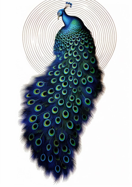 Pfauen mit blauen Federn und weißem Hintergrund mit einem spiralförmigen Muster