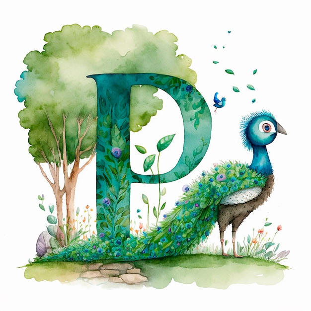 Pfauen und der Buchstabe P Erkundung der Natur und Erlernen des Alphabets Aquarell-Illustration für Kinder ABC