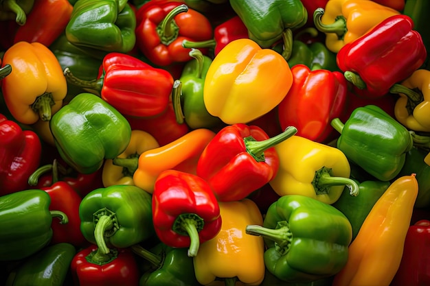 Pfeffer in leuchtend grünen, roten und gelben Farben bilden eine Paprika-Hinterfläche