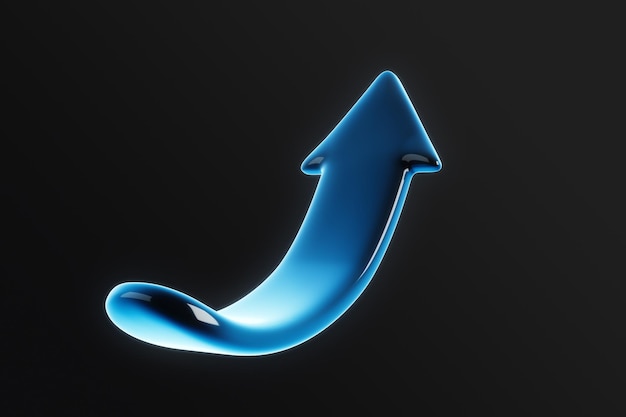 Pfeil nach oben symbolisiert Wachstum und Finanzkonzept in Blau auf schwarzem Hintergrund 3D-Rendering