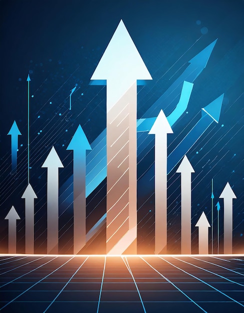 Pfeile nach oben auf tiefblauem Hintergrund mit einem großen Pfeil Geschäftswachstum