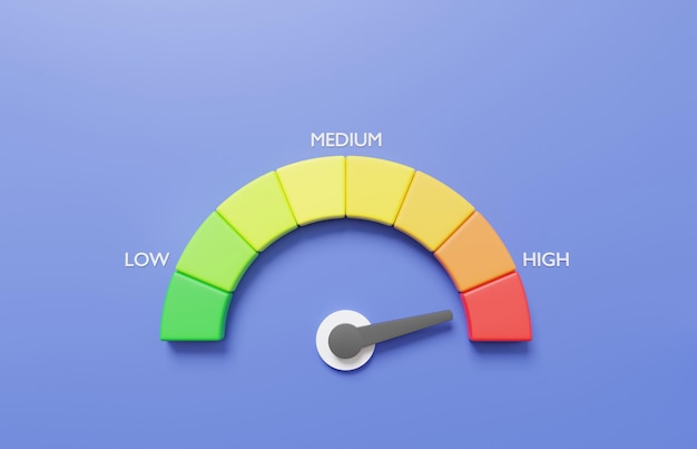 Pfeilpunkt Skala Geschwindigkeit hoher Status rotes Tachometer-Symbol Leistungszeiger Bewertung Risikostufen Meter Tachometer auf lila Hintergrund minimale Cartoon 3D-Render-Illustration