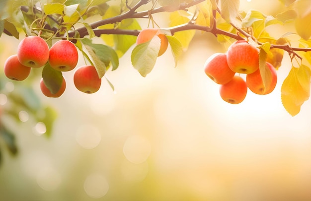 Äpfel auf den Zweigen im hellen Sonnenlicht in einem Sommergarten. Apfelbaum-Nahaufnahme-Banner mit verschwommenem Hintergrund und Kopierraum