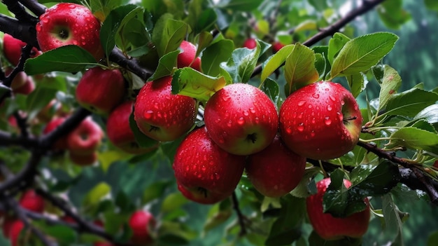 Äpfel auf einem Ast mit Regentropfen darauf