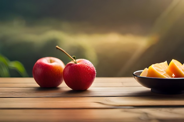 Äpfel und eine Schüssel Obst auf einem Tisch.
