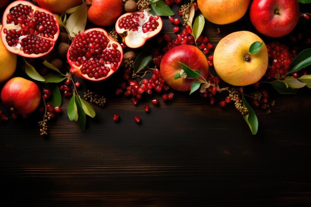 Äpfel und Granatäpfel auf dunklem rustikalem Hintergrund mit Kopierraum Traditionelle jüdische Küche für den Neujahrsfeiertag Rosch Haschana