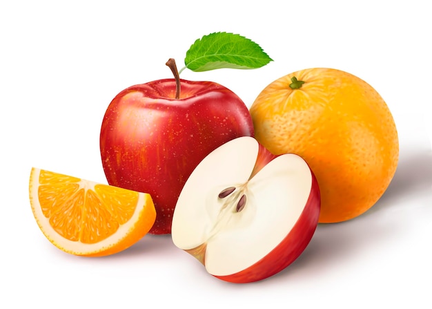 Äpfel und Orangen auf weißem Hintergrund