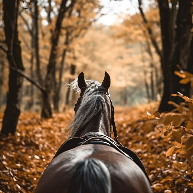 Pferd auf dem Hintergrund der Herbstgasse mit gelb gefallenen Blättern