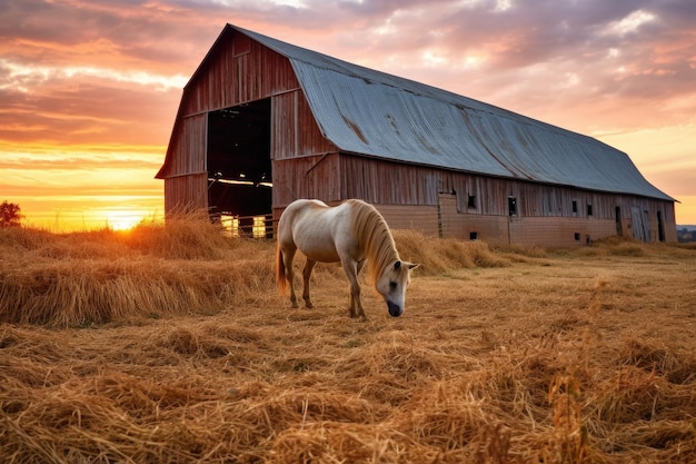 Pferd frisst Heu in der Nähe einer rustikalen Scheune bei Sonnenuntergang, erstellt mit generativer KI