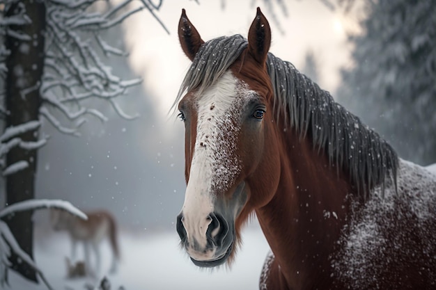 Pferd im verschneiten Winterwald Abbildung Generative KI