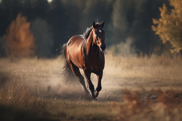 Pferd in voller Höhe in Bewegung. Wunderschönes braunes Pferd, das über das Feld galoppiert. Generative KI