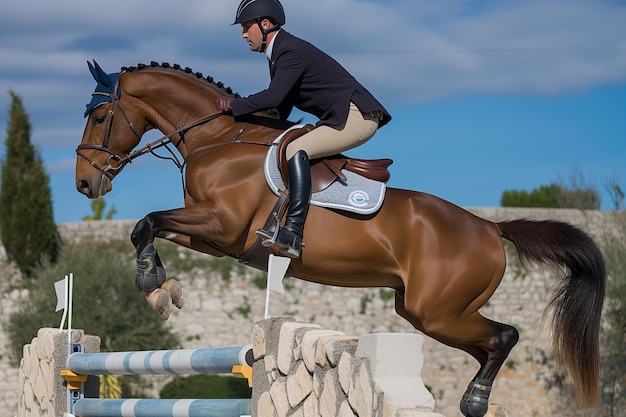 Pferd und Reiter in Harmonie springen über eine Steinmauer