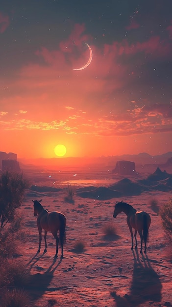 Pferde am Rande einer Wüste bei Sonnenuntergang mit Halbmond und Vollmond in der Nacht Eid Mubarak