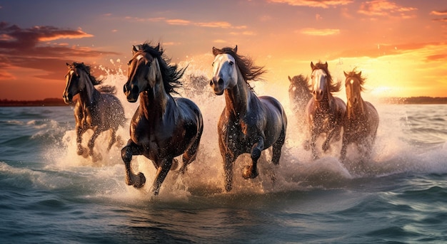 Pferde laufen bei Sonnenuntergang durch das Wasser, generative KI