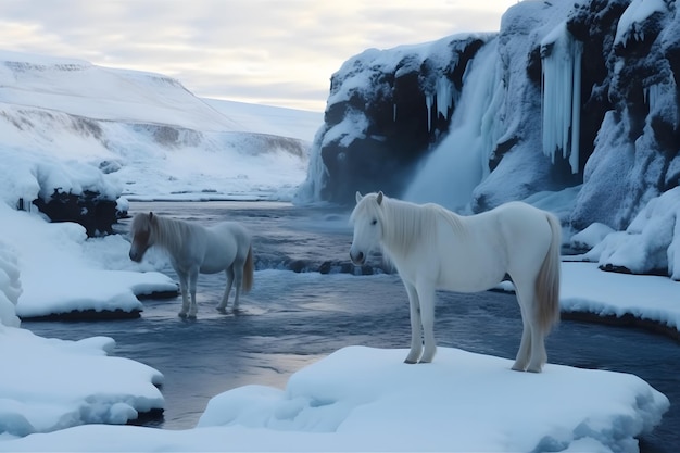 Pferde stehen auf einem verschneiten Ufer, hinter ihnen ein Wasserfall