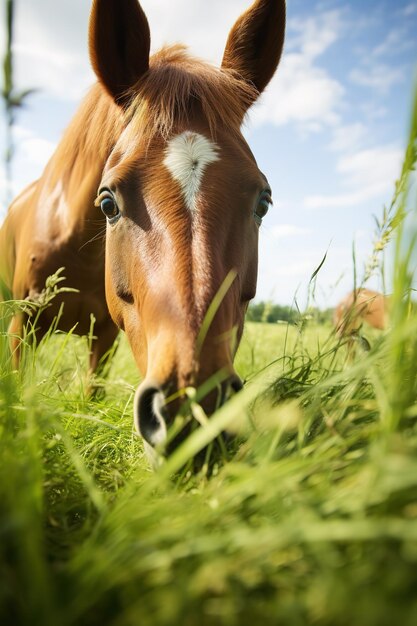 Pferde weiden auf einem grünen Feld in sommerlicher Gelassenheit Nahaufnahme von Tierköpfen im Freien