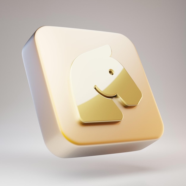 Pferdekopf-Symbol. Goldenes Pferdekopfsymbol auf mattgoldener Platte. 3D-gerendertes Social Media-Symbol.