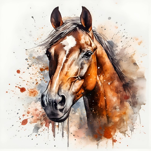 Pferdeporträt mit Aquarellspritzern auf weißem Hintergrund Digitale Malerei