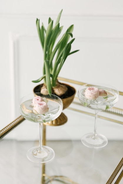 Pfingstrosenknospen in einem Blumencocktail aus Glas