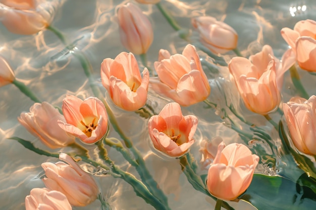 Pfirsich-Tulpen, die anmutig auf dem Wasser schwimmen und das sanfte Sonnenlicht reflektieren
