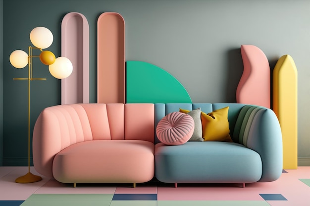 Pfirsich- und pastellblaues Retro-Sofa mit Kissen und Lampe, das mit generativer KI-Technologie erstellt wurde