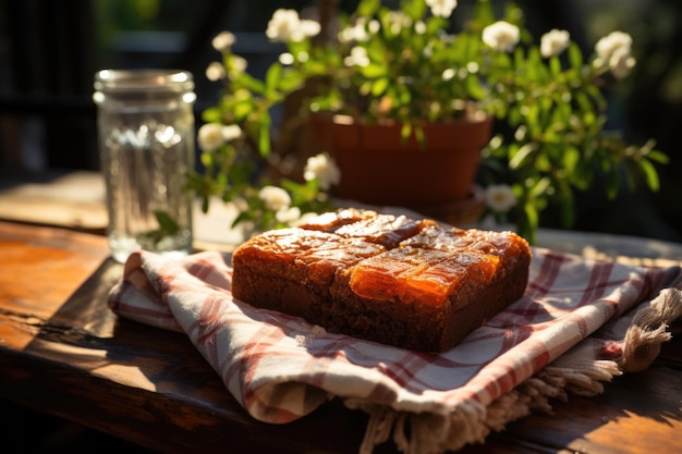 Pfirsichbrownie an einem Picknicktisch mit Schachhandtuch generativer IA