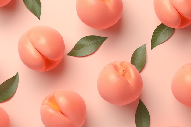Pfirsiche mit Blättern auf rosa Hintergrund mit weißem Hintergrund generativ ai