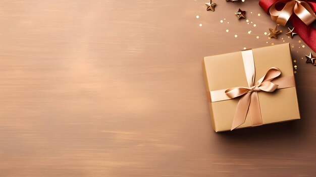 Pfirsichfarbene Geschenkkiste mit goldenem Band auf hellbraunem Hintergrund