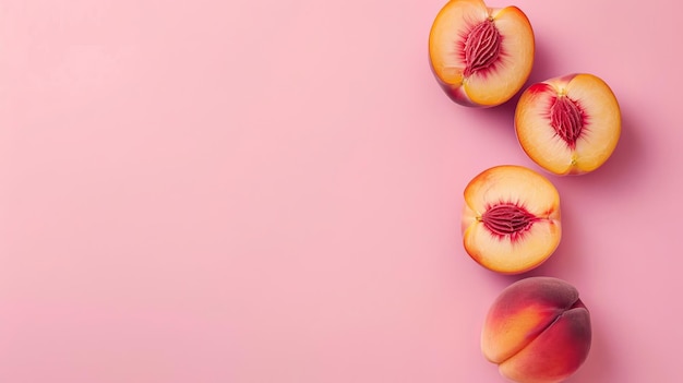 Foto pfirsichfrüchte von oben auf dem pastellfarbenen hintergrund