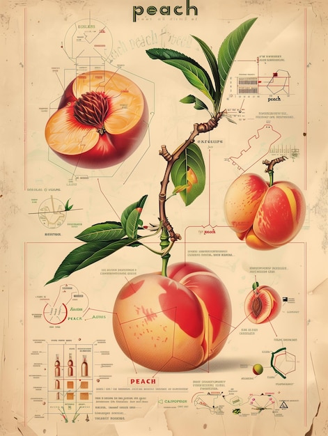 Pfirsichillustration im Stil eines alten Wissenschaftsbuchs mit Infografiken