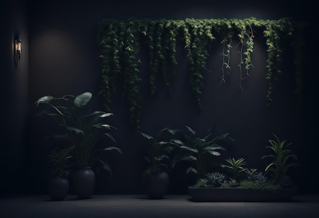 Pflanzen an einer Wand in einem dunklen Raum