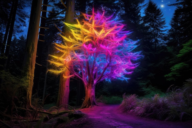 Pflanzen, die nachts im Neonlicht leuchten, erzeugt von KI