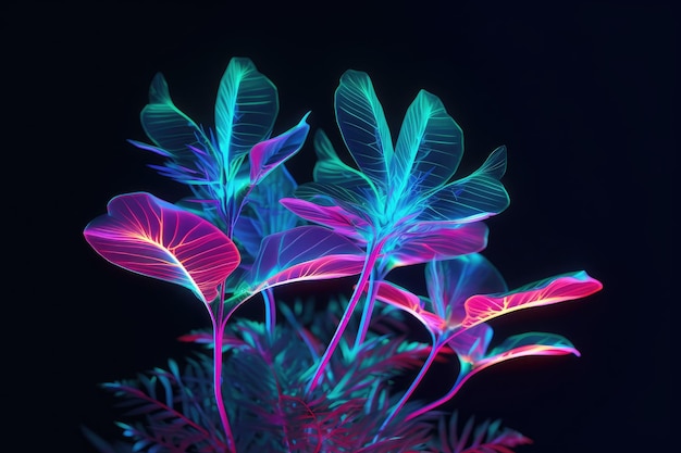 Foto pflanzen, die nachts im neonlicht leuchten, erzeugt von ki