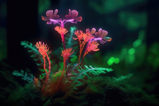 Foto pflanzen, die nachts im neonlicht leuchten, erzeugt von ki