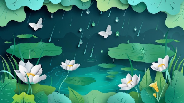 Pflanzen, Gras, Schmetterlinge und Regentropfen sind in dieser Illustration um einen wunderschönen Teich herum.