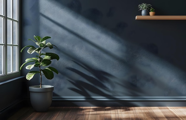 Pflanzen in Töpfen auf einem Holztisch an der Wand