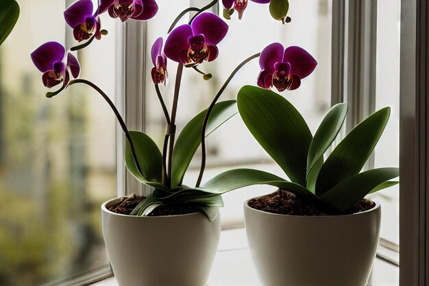 Pflanzen rosa Orchideenblüten in Töpfen am Fenster