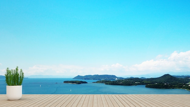 Foto pflanzen sie auf der terrasse im hotel oder in der eigentumswohnung mit blick auf die insel