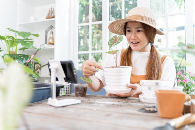 Pflanzen Sie einen Baum im botanischen Garten und nutzen Sie das Smartphone für den Online-Verkauf. Asiatischer Frauenlebensstil in der Frühjahrssaison.